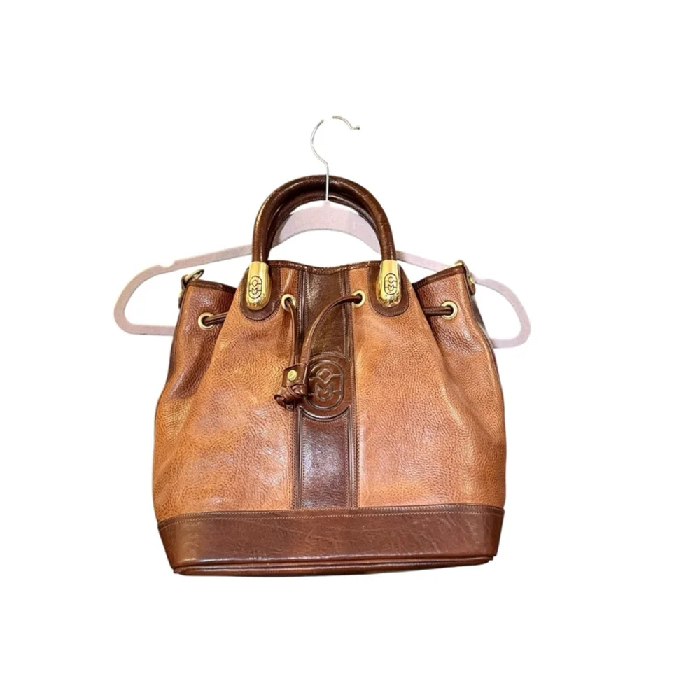 Marino Orlandi Brown Pebbled Leather Bucket Bag Gold Hardware
